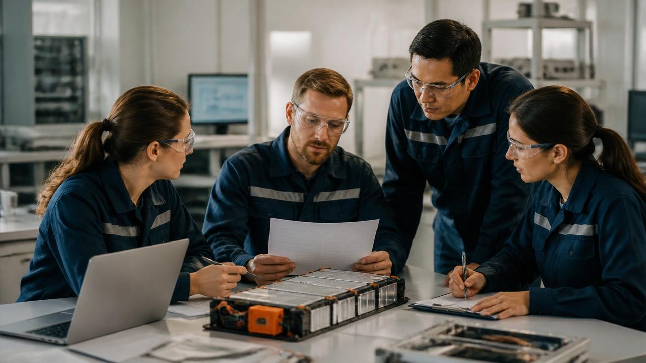 Lithium Shipping battery engineering team reviewing custom lithium battery designs in a modern testing facility